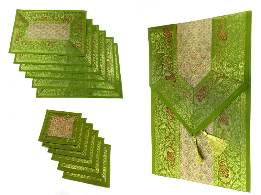 Indian Silk Table Runner with 6 Placemats & 6 Coaster in Light Green Color Size 16x62